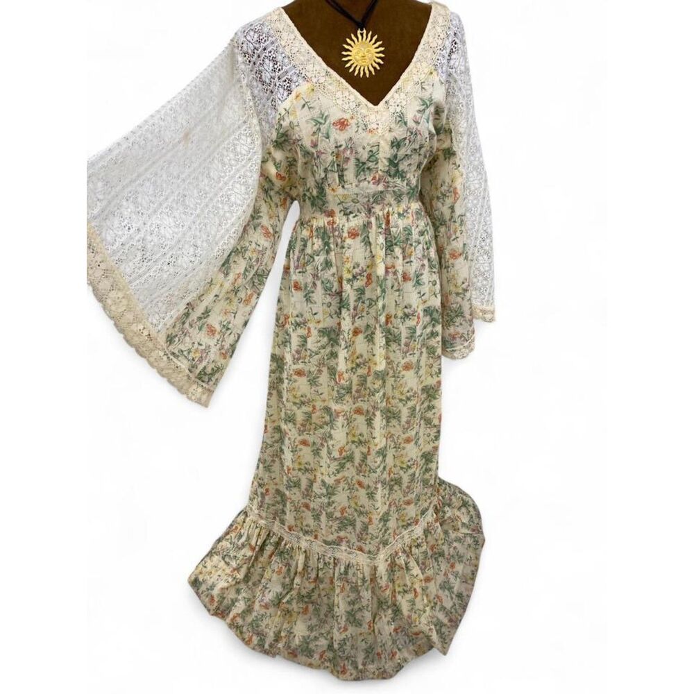 Boho Prarie Cottagecore Feminine Boho Festival Maxi Dress Lace Bell Sleeves